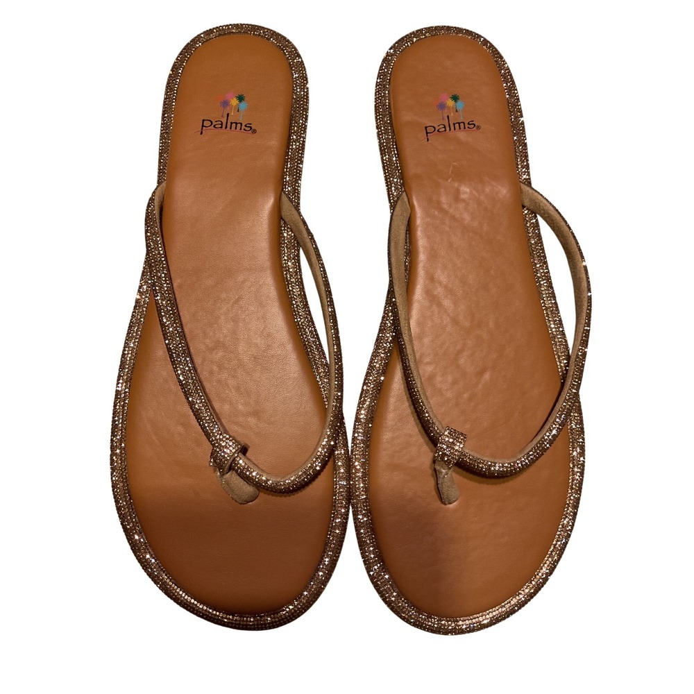 Palms Women's Diana Rhinestone Flip‎ Flop Sandals Rose Gold Sparkle Size 12M